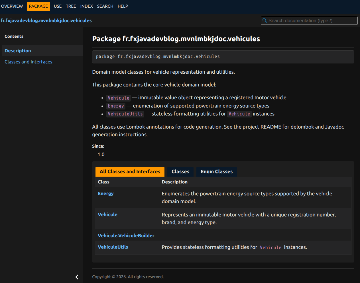 Javadoc sans Lombok - classe Vehicule